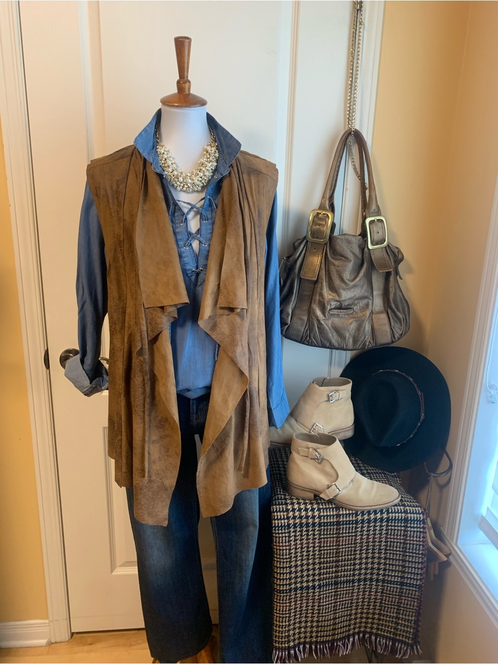 Brown faux Suede /leather Draped Open Vest -